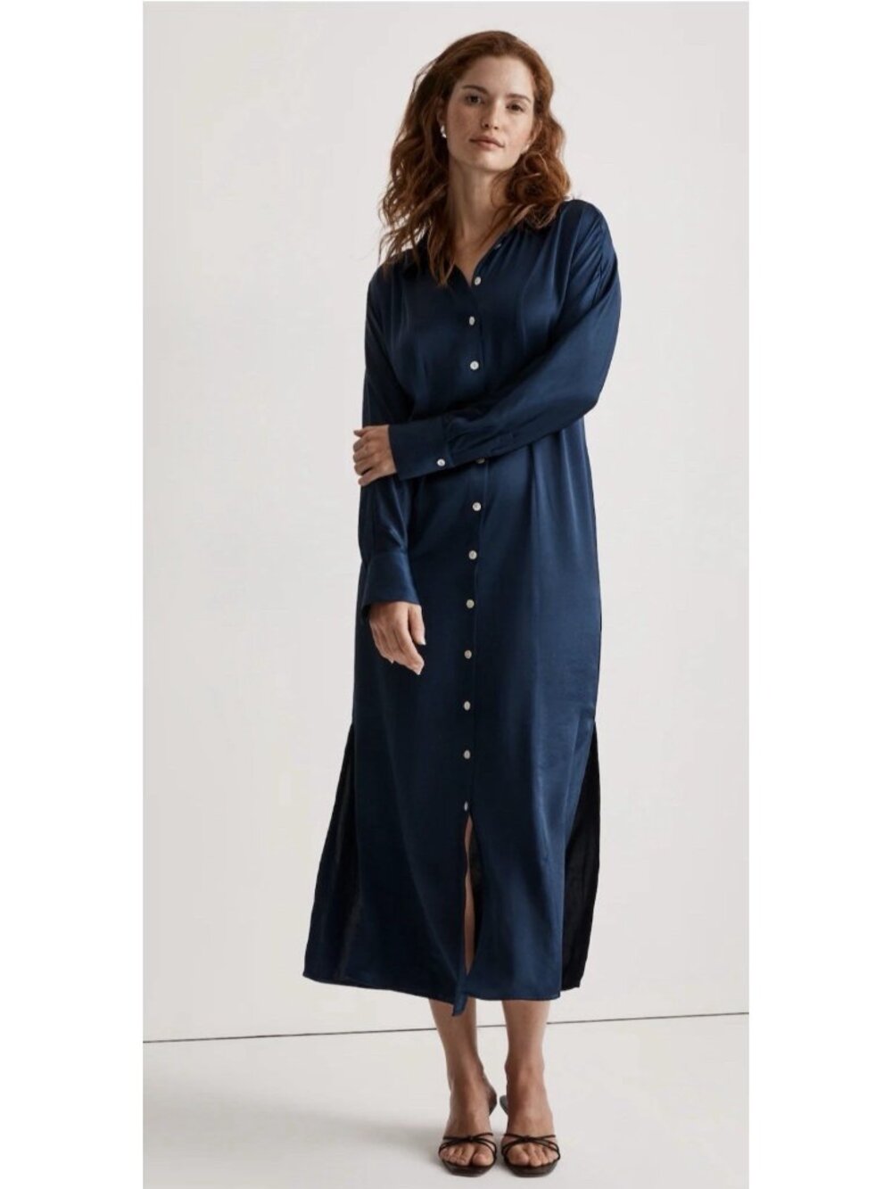 Madewell Satin Button Front Midi Shirt Dress Size 6 Classic Indigo Blue NEW